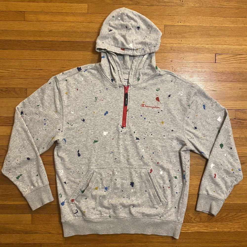 Champion Hoodie Mens Medium Gray 1/4 Zip Paint Splatter Kangaroo Pocket Logo